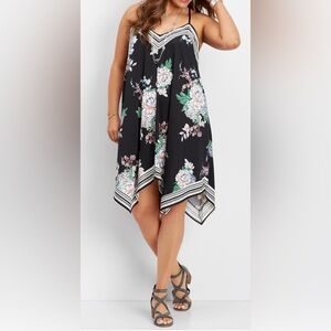 Maurices Black Asymmetrical Dress with Pink and Green Floral